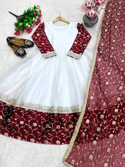 White Maroon Embroidery Gown Dupatta Set Of 2 UK Next Day