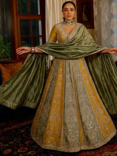 Mustard &amp; Green Embroidery &amp; Sequins Embellished Work Lehenga Choli Set