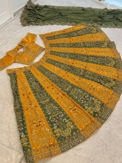 Mustard &amp; Green Embroidery &amp; Sequins Embellished Work Lehenga Choli Set