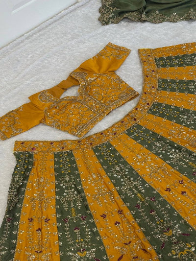 Mustard &amp; Green Embroidery &amp; Sequins Embellished Work Lehenga Choli Set