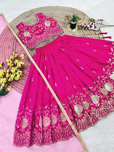 Kids Hot Pink Silk Lehenga Gold Embroidered Blouse Dupatta Set