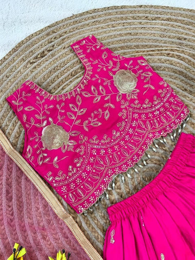 Kids Hot Pink Silk Lehenga Gold Embroidered Blouse Dupatta Set