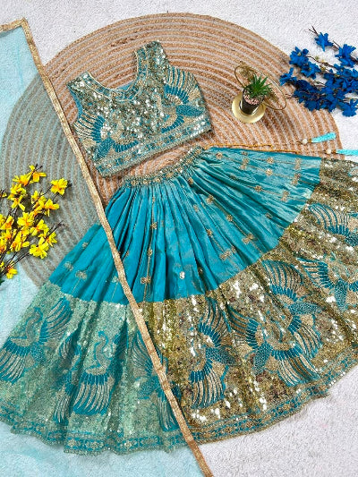 Kids Sky Blue Gold  Silk Lehenga Embroidered Blouse Dupatta Set