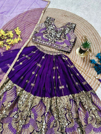 Kids Purple Gold Silk Lehenga Embroidered Blouse Dupatta Set