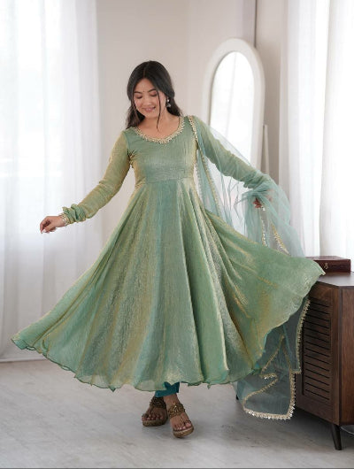 Sage Green Mirror Work Anarkali Suit for Women | Asian Ethnic Wear UK