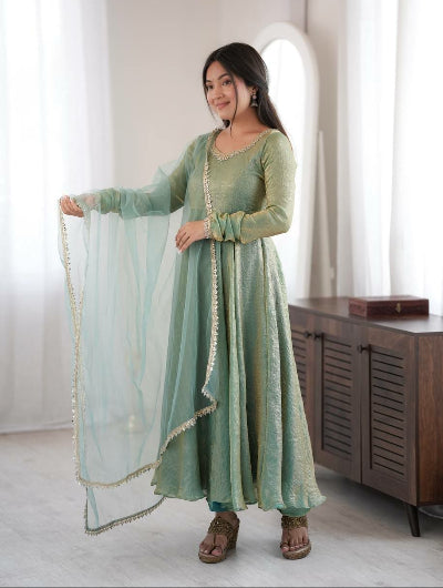 Sage Green Mirror Work Anarkali Suit for Women | Asian Ethnic Wear UK