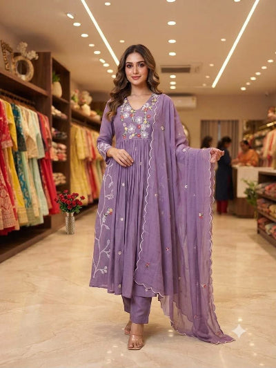 Elegant Lilac Chanderi Embroidered Anarkali Suit Set