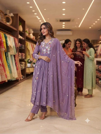 Elegant Lilac Chanderi Embroidered Anarkali Suit Set