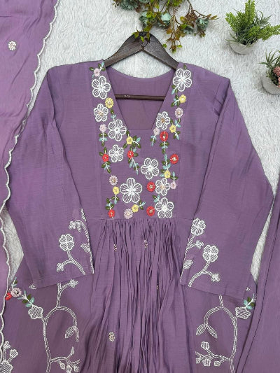 Elegant Lilac Chanderi Embroidered Anarkali Suit Set