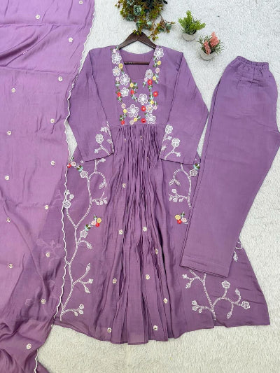 Elegant Lilac Chanderi Embroidered Anarkali Suit Set
