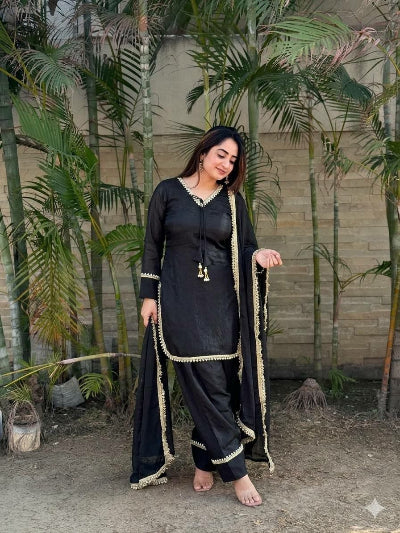 Black Chanderi Farshi Suit Set with Jacquard Dupatta