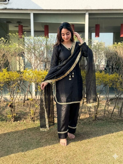 Black Chanderi Farshi Suit Set with Jacquard Dupatta