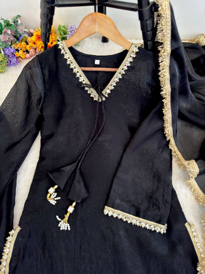 Black Chanderi Farshi Suit Set with Jacquard Dupatta