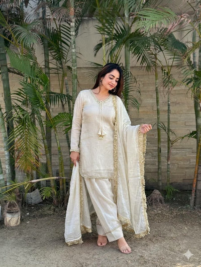 Ivory Chanderi Farshi Suit Set with Jacquard Dupatta