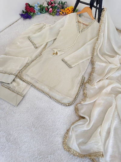 Ivory Chanderi Farshi Suit Set with Jacquard Dupatta