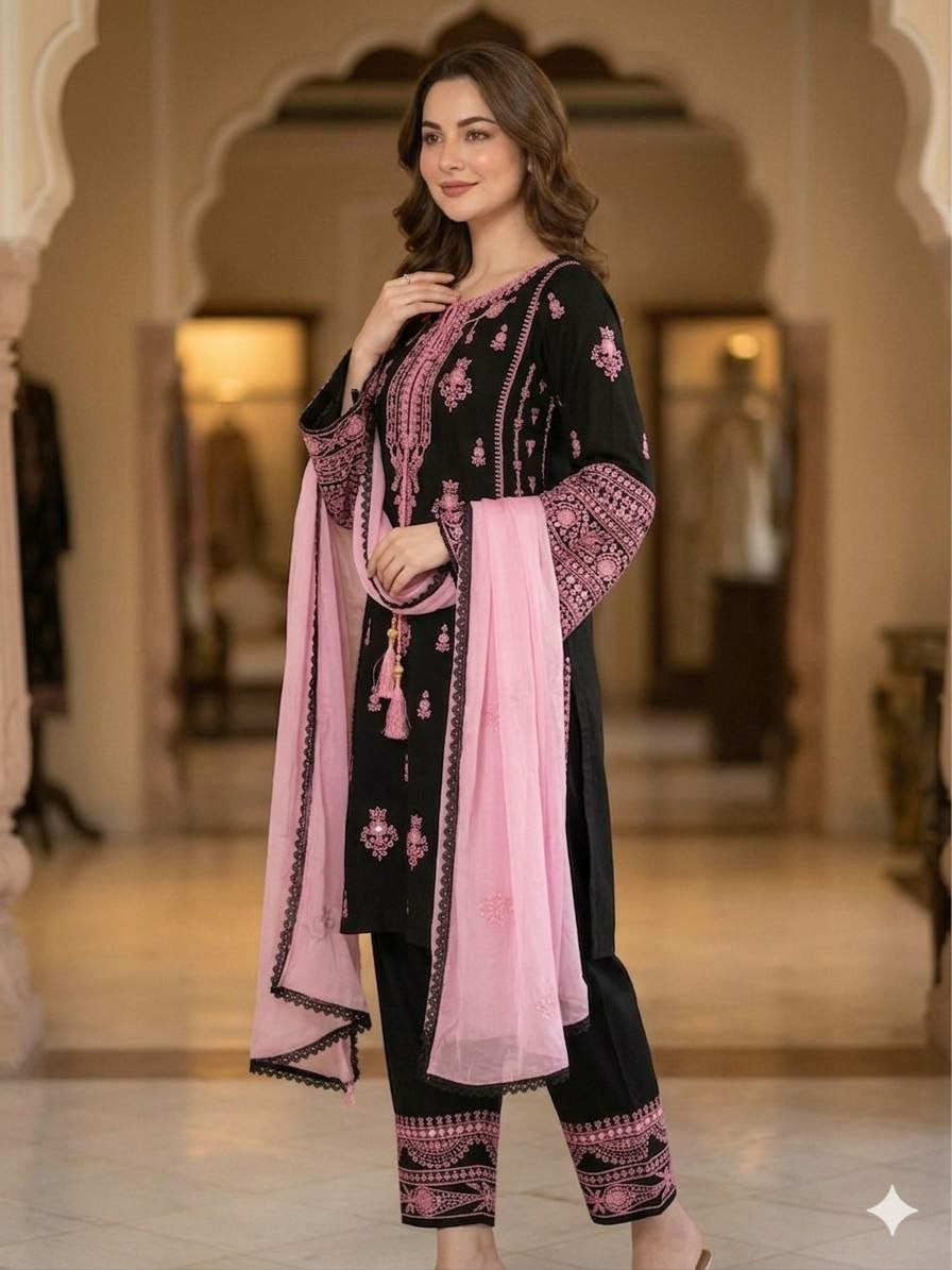 Black Blush Pink Embroidered Rayon Suit UK Next Day