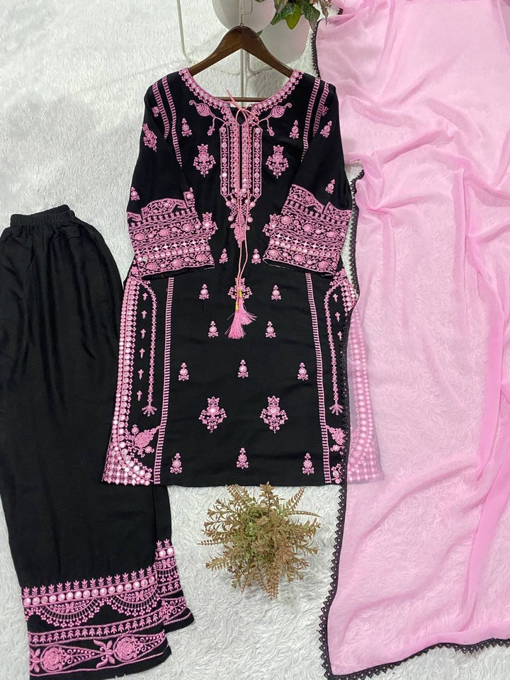 Black Blush Pink Embroidered Rayon Suit UK Next Day
