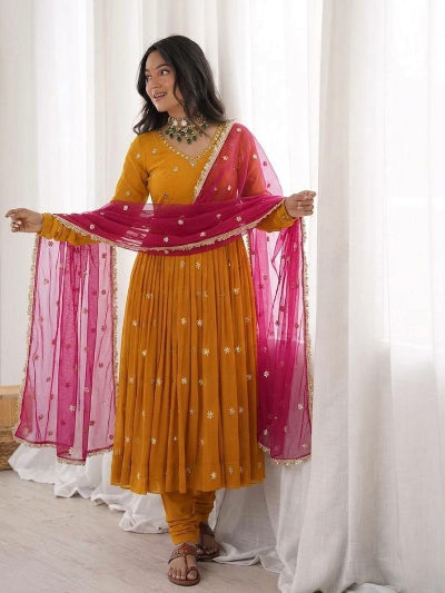 Dusty Mauve Georgette Embroidered Anarkali Suit Set | Ethnic Wear