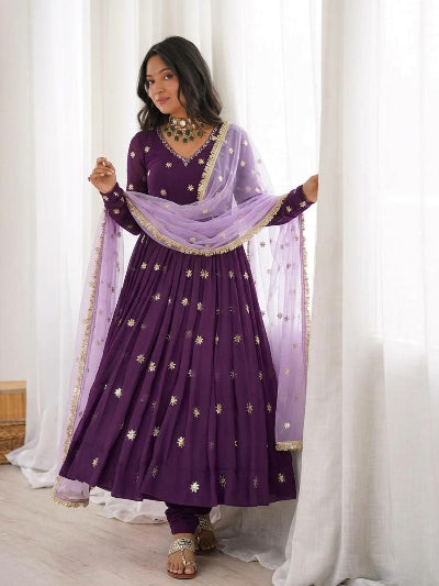 Dusty Mauve Georgette Embroidered Anarkali Suit Set | Ethnic Wear