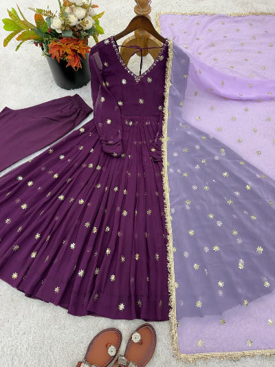 Dusty Mauve Georgette Embroidered Anarkali Suit Set | Ethnic Wear
