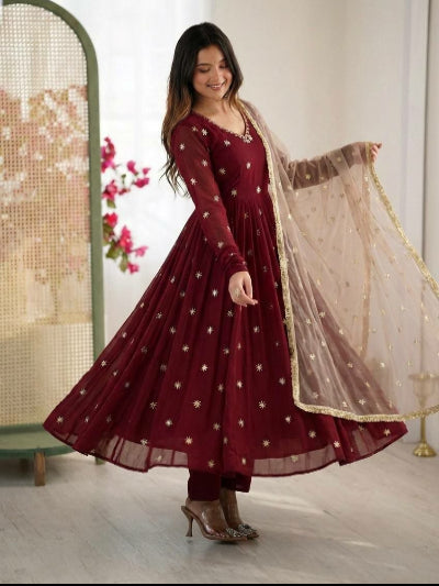 Dusty Mauve Georgette Embroidered Anarkali Suit Set | Ethnic Wear