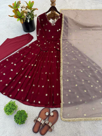 Dusty Mauve Georgette Embroidered Anarkali Suit Set | Ethnic Wear