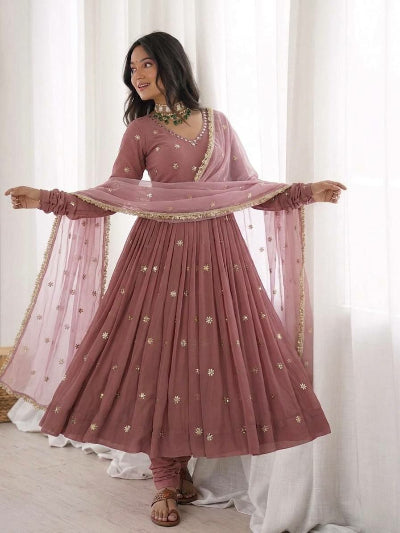 Dusty Mauve Georgette Embroidered Anarkali Suit Set | Ethnic Wear