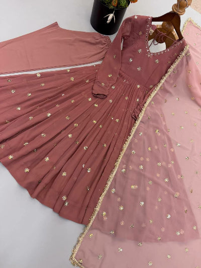 Dusty Mauve Georgette Embroidered Anarkali Suit Set | Ethnic Wear