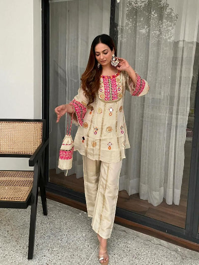 Gold Ivory Mirror Embroidery Work Kurti Pant Set