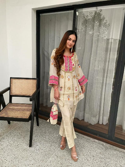 Gold Ivory Mirror Embroidery Work Kurti Pant Set