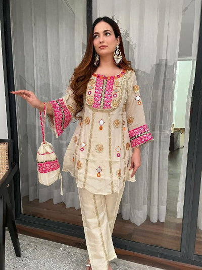 Gold Ivory Mirror Embroidery Work Kurti Pant Set