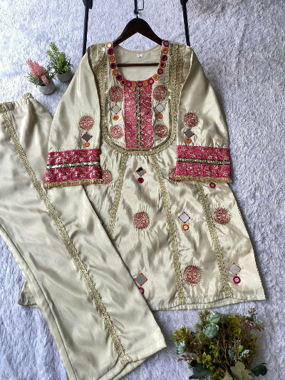 Gold Ivory Mirror Embroidery Work Kurti Pant Set