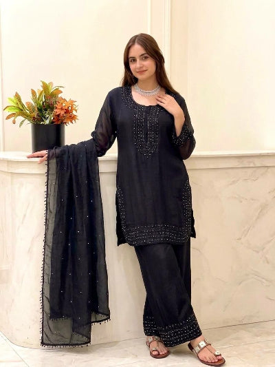 Black Fendy Silk Suit Set with Beads Work &amp; Dupatta