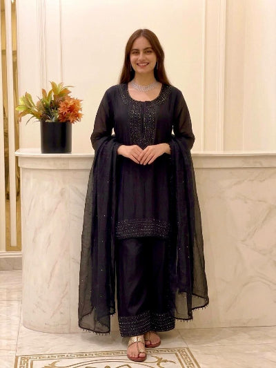Black Fendy Silk Suit Set with Beads Work &amp; Dupatta