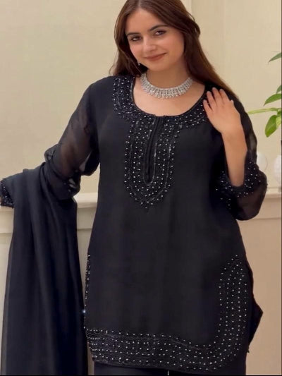 Black Fendy Silk Suit Set with Beads Work &amp; Dupatta