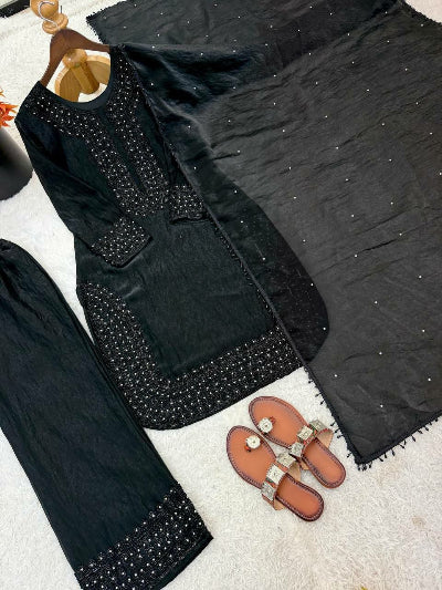 Black Fendy Silk Suit Set with Beads Work &amp; Dupatta