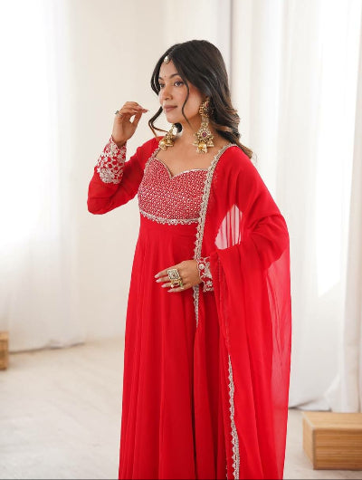 Karwa Chauth Red Sequin Embroidered Georgette Anarkali Gown Set