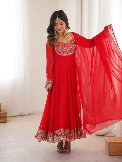 Karwa Chauth Red Sequin Embroidered Georgette Anarkali Gown Set