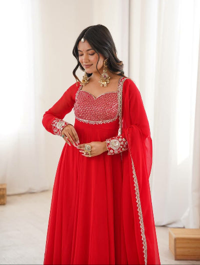 Karwa Chauth Red Sequin Embroidered Georgette Anarkali Gown Set