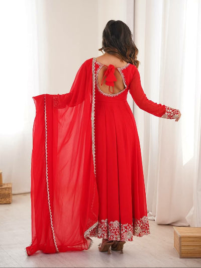 Karwa Chauth Red Sequin Embroidered Georgette Anarkali Gown Set