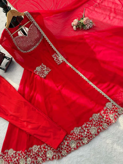 Karwa Chauth Red Sequin Embroidered Georgette Anarkali Gown Set