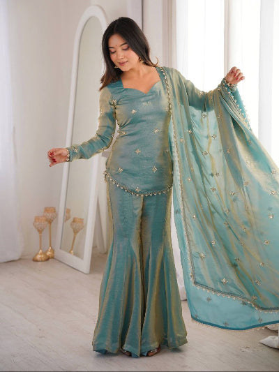 Ice Blue Simar Silk Embroidered Gharara Suit