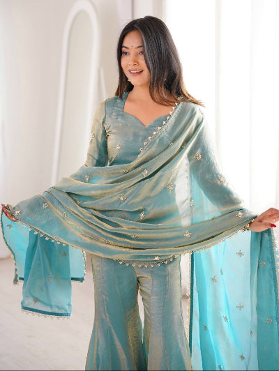 Ice Blue Simar Silk Embroidered Gharara Suit