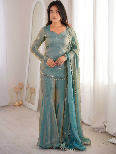 Ice Blue Simar Silk Embroidered Gharara Suit