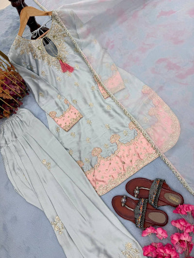 Pastel Designer Satin Farshi Palazzo Suit Dupatta- 2 colours