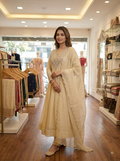 Soft Ivory Cream Embroidered Anarkali Suit Set | Asian Wear UK