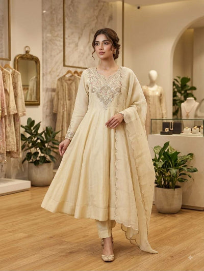 Soft Ivory Cream Embroidered Anarkali Suit Set | Asian Wear UK