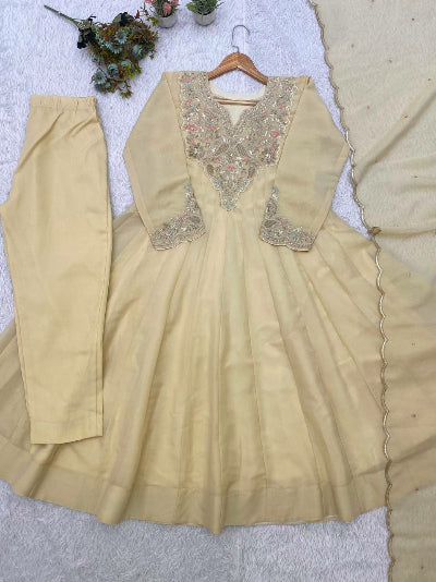 Soft Ivory Cream Embroidered Anarkali Suit Set | Asian Wear UK