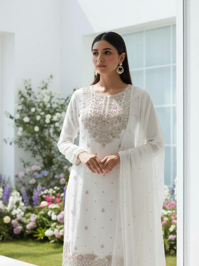 Noor White Georgette Embroidery Sharara Palazzo Suit