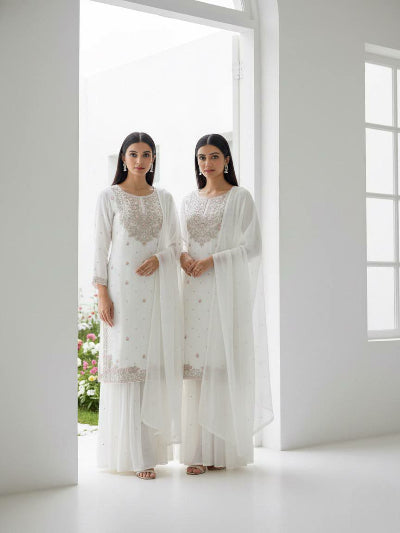 Noor White Georgette Embroidery Sharara Palazzo Suit